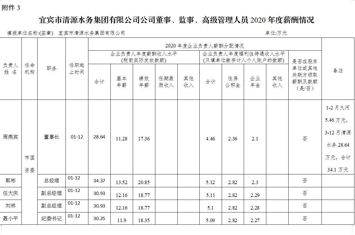 宜賓市清源水務(wù)集團有限公司公司董事、監(jiān)事、高級管理人員2020年度薪酬情況